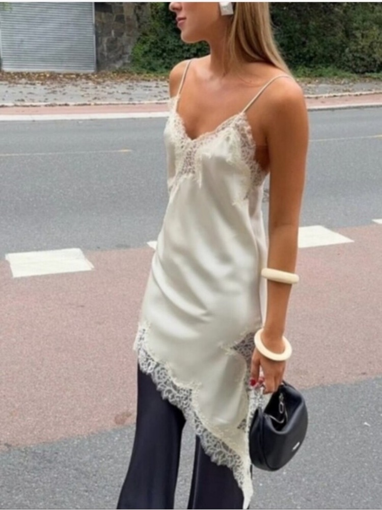 Zara Cream Lace Asymmetrical Open Back Slip Dress Nwt